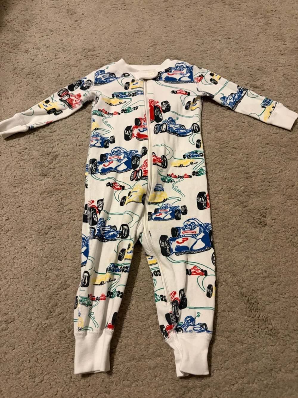 White Baby One-Piece Jumpsuit with Race Car Print